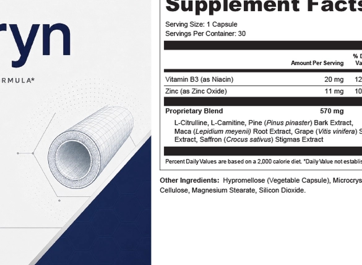 Vasoryn Supplement Facts label showing Niacin, Zinc and a 570mg proprietary blend
